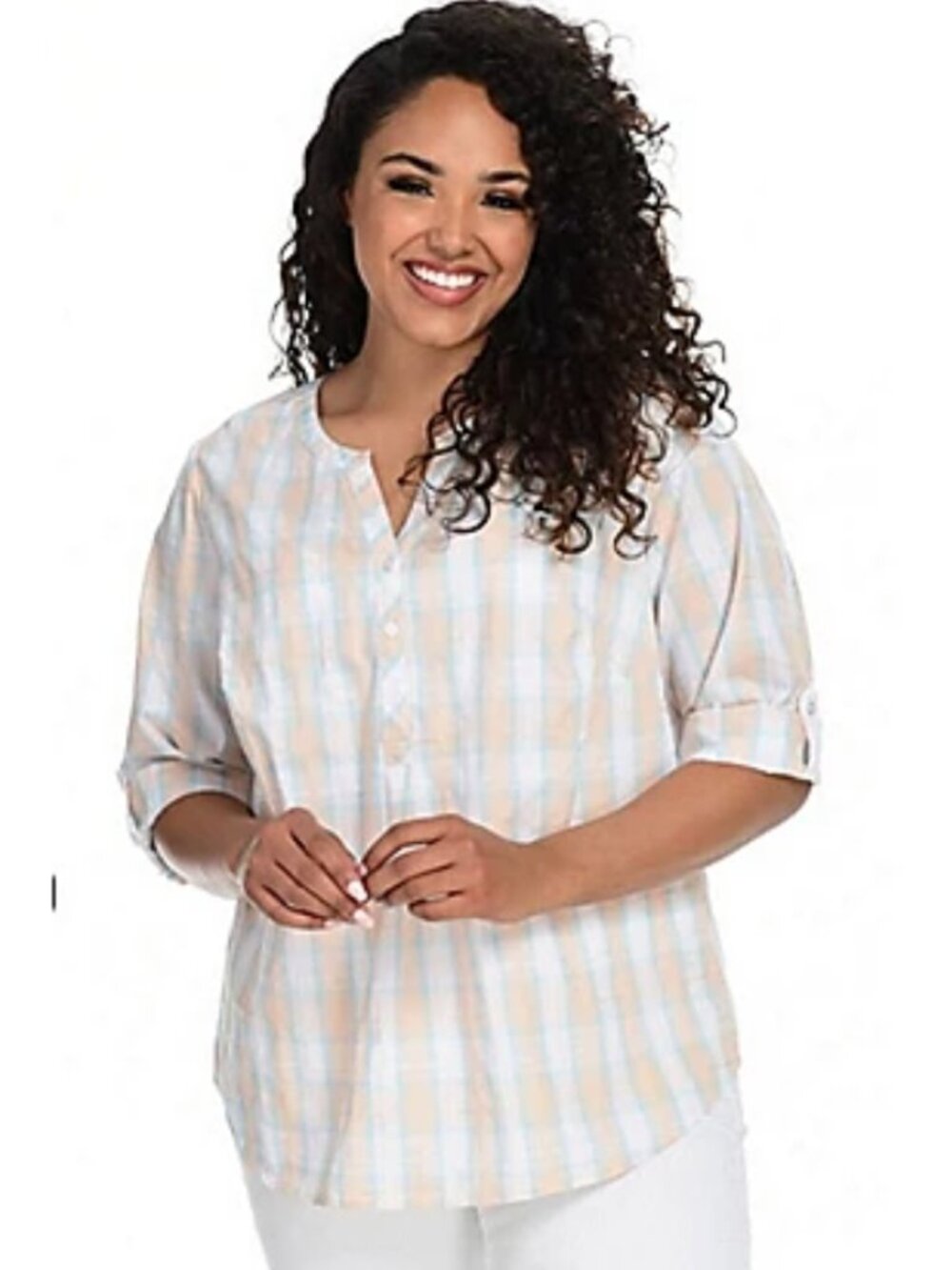 CJ Banks Plaid V-Neck Pastel Plaid Popover Blouse